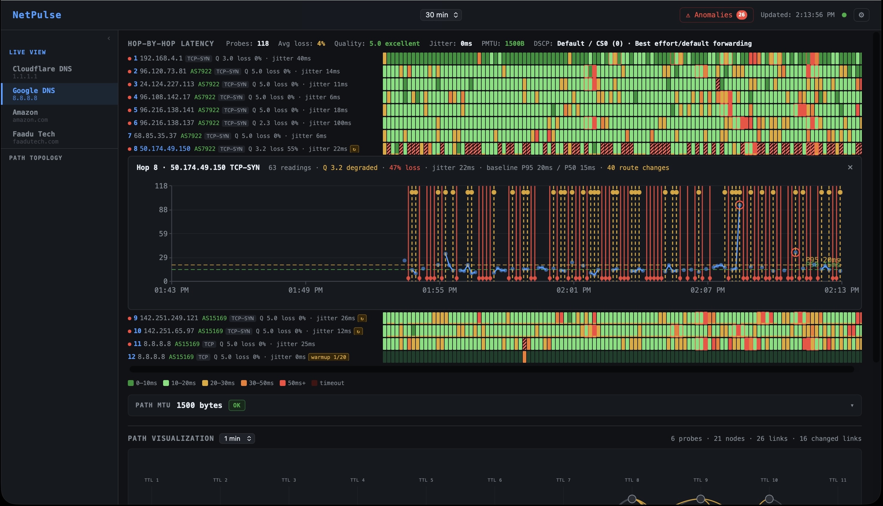 NetPulse hop-by-hop detail view showing per-hop latency, loss, and path quality across a full trace